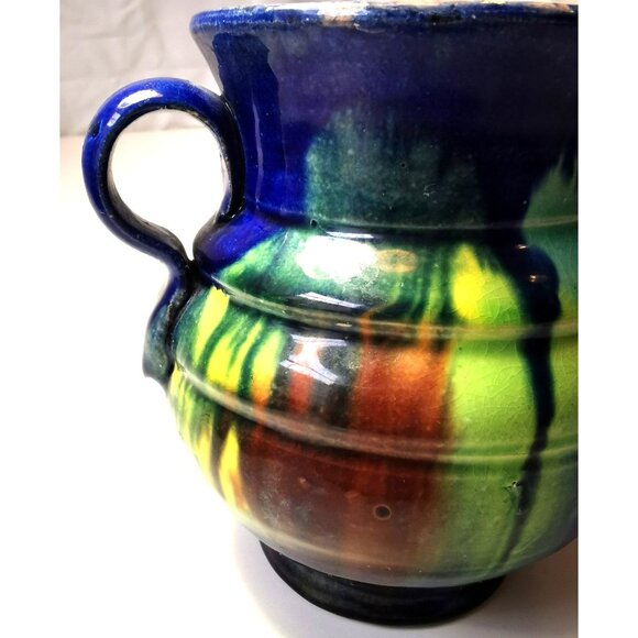 Vtg Art Pottery Pitcher Blue Green Yellow Drip Glaze Jug MCM Fat Lava Style - Picture 9 of 10